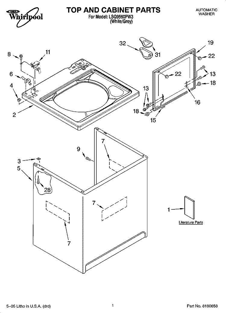 TOP AND CABINET PARTS Diagram and Parts List for LSQ9560PW3  Whirlpool Washer