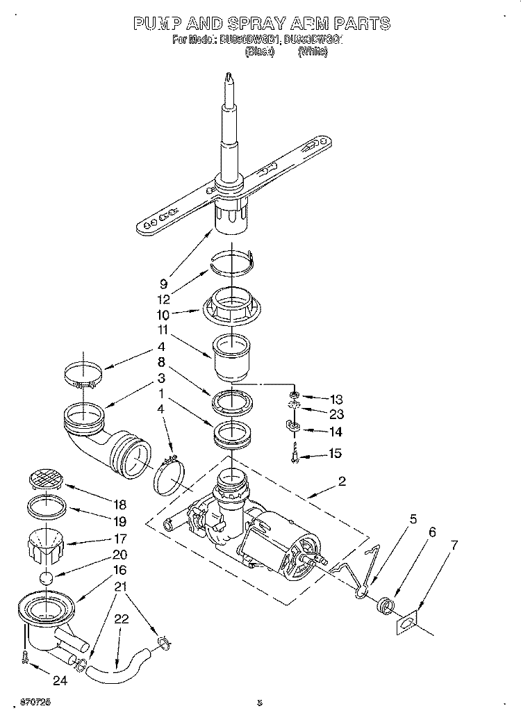 PUMP AND SPRAYARM Diagram and Parts List for DU850DWGQ1  Whirlpool Dishwasher