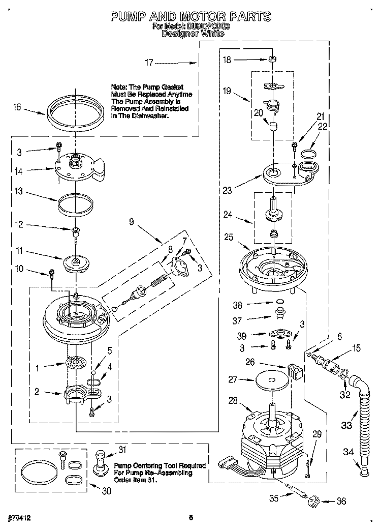 PUMP AND MOTOR Diagram and Parts List for DU900PCDQ3  Whirlpool Dishwasher