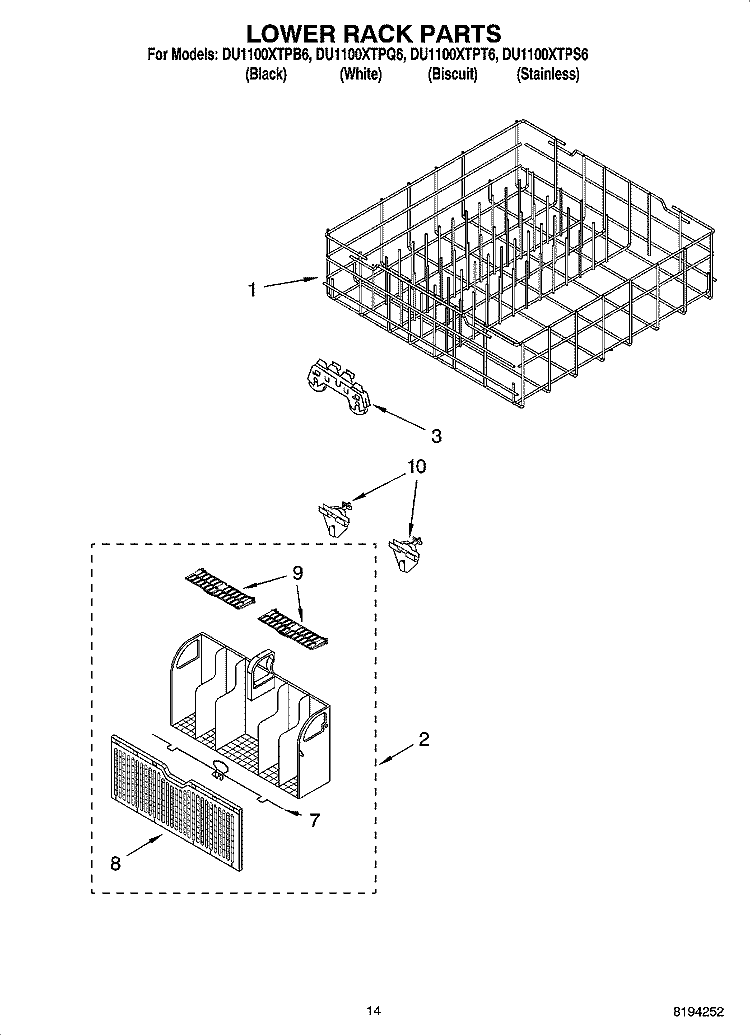 LOWER RACK PARTS, OPTIONAL PARTS (NOT INCLUDED) Diagram and Parts List for DU1100XTPB6  Whirlpool Dishwasher