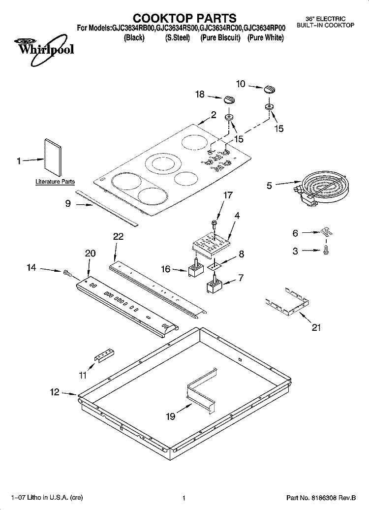 COOKTOP PARTS, OPTIONAL PARTS Diagram and Parts List for GJC3634RB00  Whirlpool Cooktop