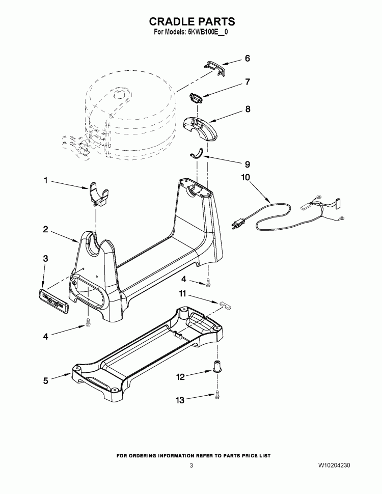 CRADLE PARTS Diagram and Parts List for 5KWB100EER0  KitchenAid Waffle Maker
