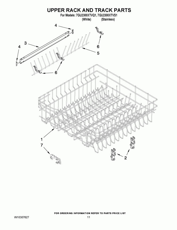 UPPER RACK AND TRACK PARTS Diagram and Parts List for 7GU2300XTVQ1  Whirlpool Dishwasher