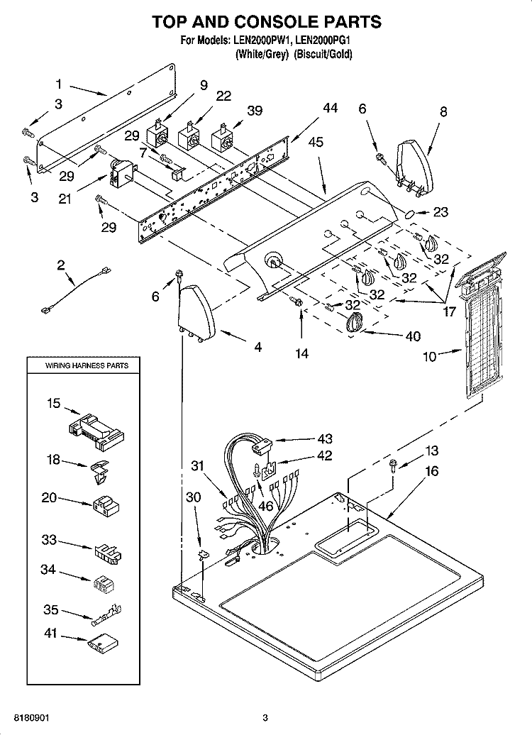 TOP AND CONSOLE PARTS Diagram and Parts List for LEN2000PG1  Whirlpool Dryer