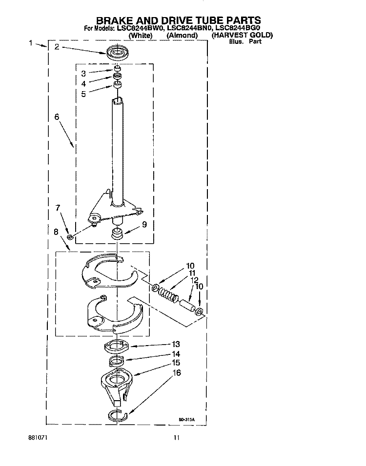 BRAKE AND DRIVE TUBE Diagram and Parts List for LSC8244BW0  Whirlpool Washer