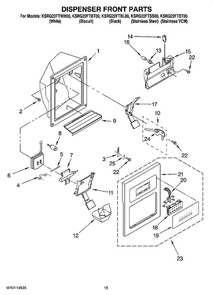 DISPENSER FRONT PARTS Diagram and Parts List for KSRG22FTBT00  KitchenAid Refrigerator