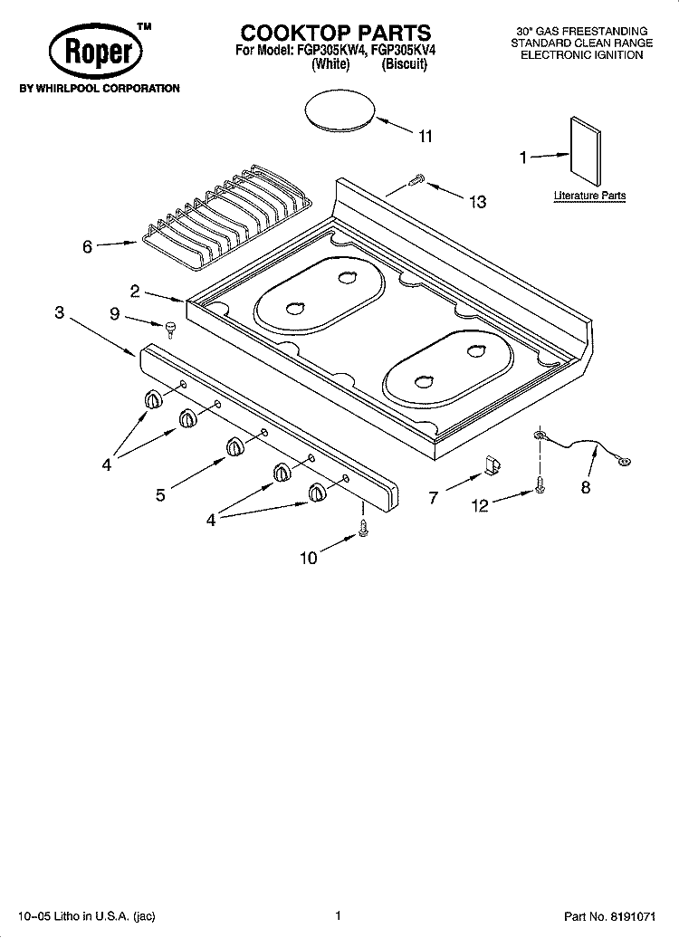 COOKTOP PARTS Diagram and Parts List for FGP305KV4  Roper Range
