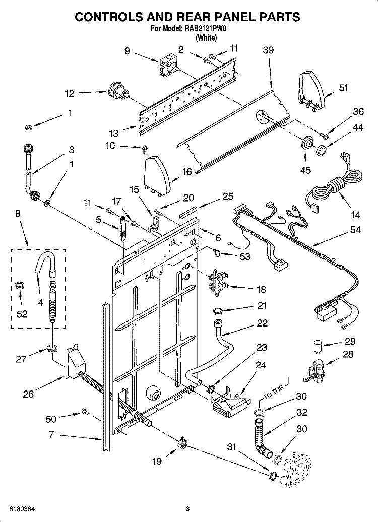 CONTROL AND REAR PANEL PARTS Diagram and Parts List for RAB2121PW0  Roper Washer