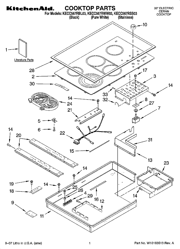 COOKTOP PARTS, OPTIONAL PARTS Diagram and Parts List for KECC567RSS03  KitchenAid Cooktop