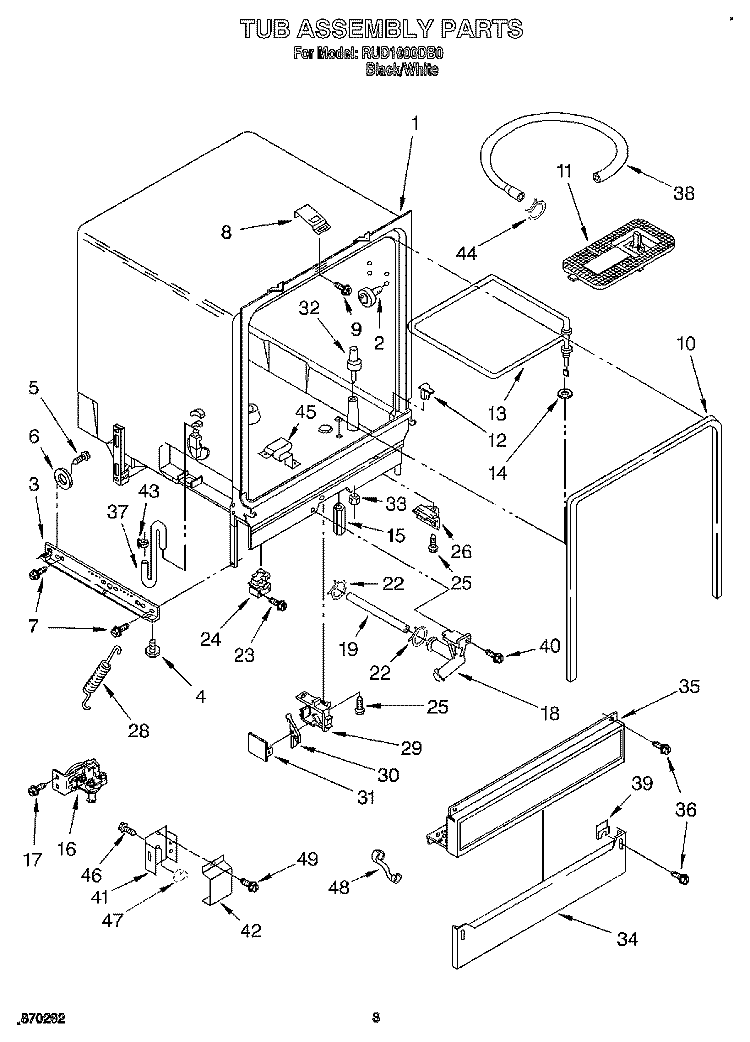TUB ASSEMBLY, LIT/OPTIONAL Diagram and Parts List for RUD1000DB0  Roper Dishwasher