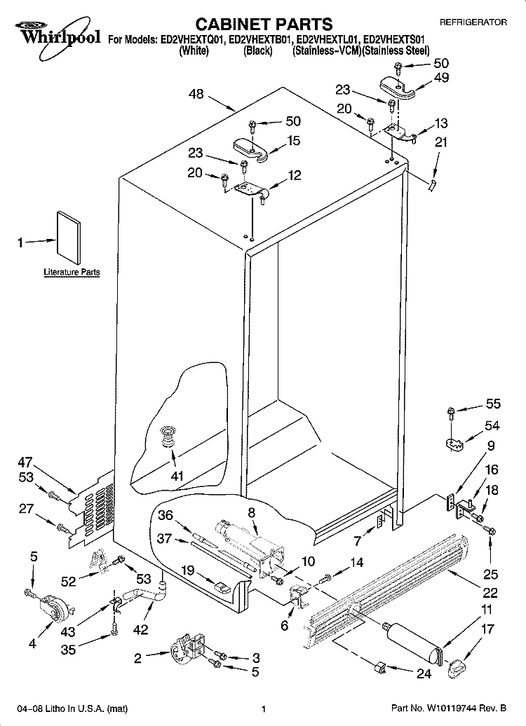 CABINET PARTS Diagram and Parts List for ED2VHEXTB01  Whirlpool Refrigerator