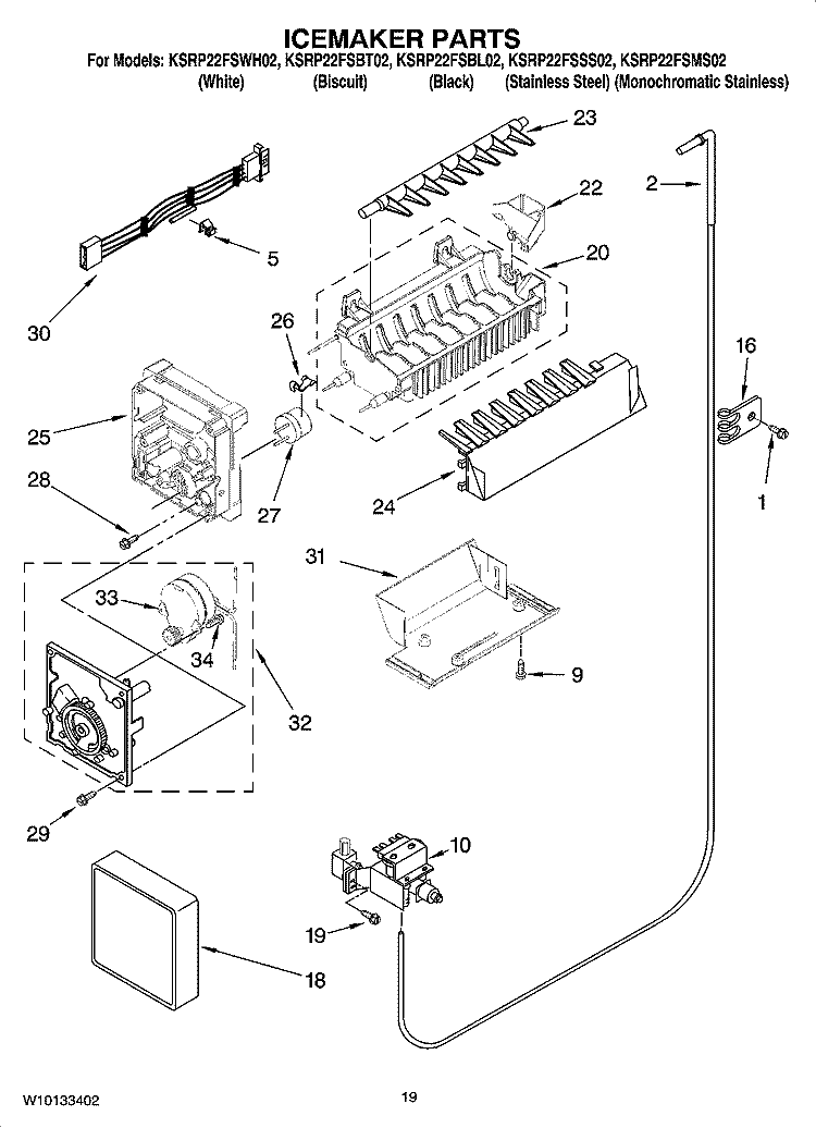 ICEMAKER PARTS Diagram and Parts List for KSRP22FSMS02  KitchenAid Refrigerator
