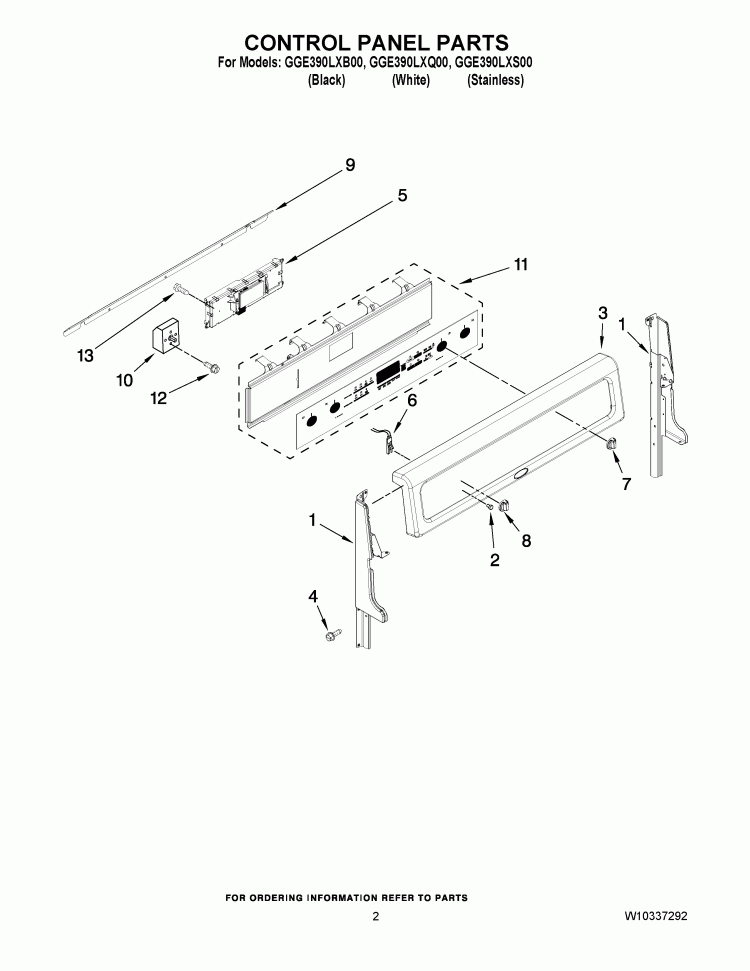 CONTROL PANEL PARTS Diagram and Parts List for GGE390LXS00  Whirlpool Range