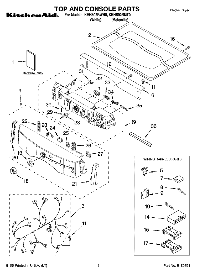 TOP AND CONSOLE PARTS Diagram and Parts List for KEHS02RWH0  KitchenAid Dryer