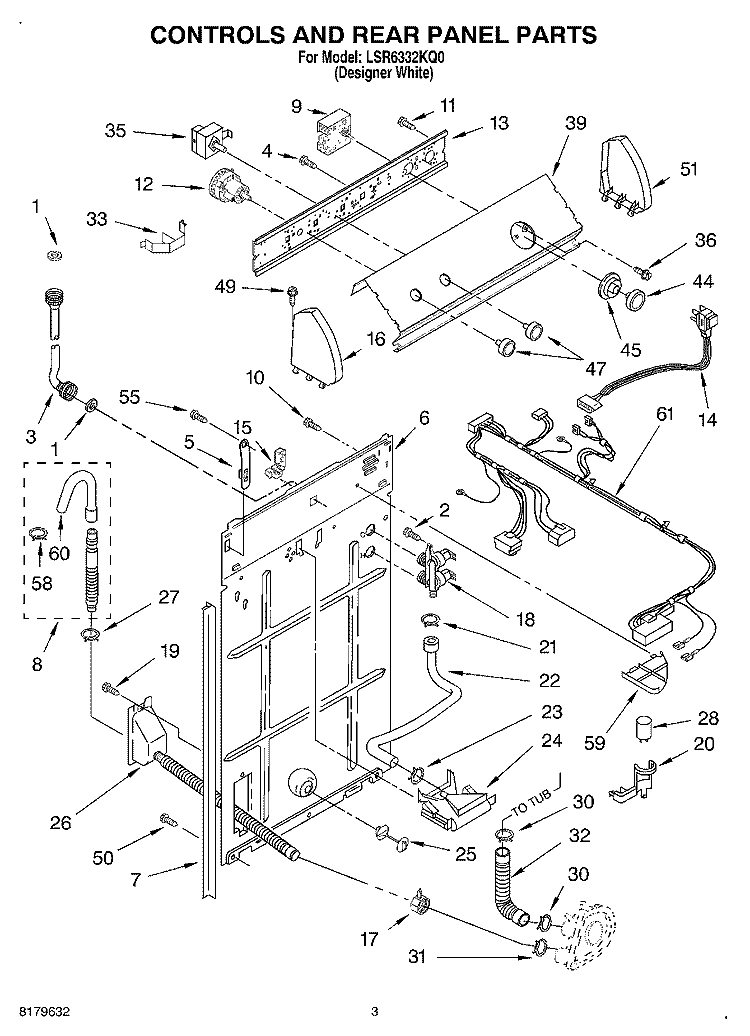 CONTROLS AND REAR PANEL Diagram and Parts List for LSR6332KQ0  Whirlpool Washer