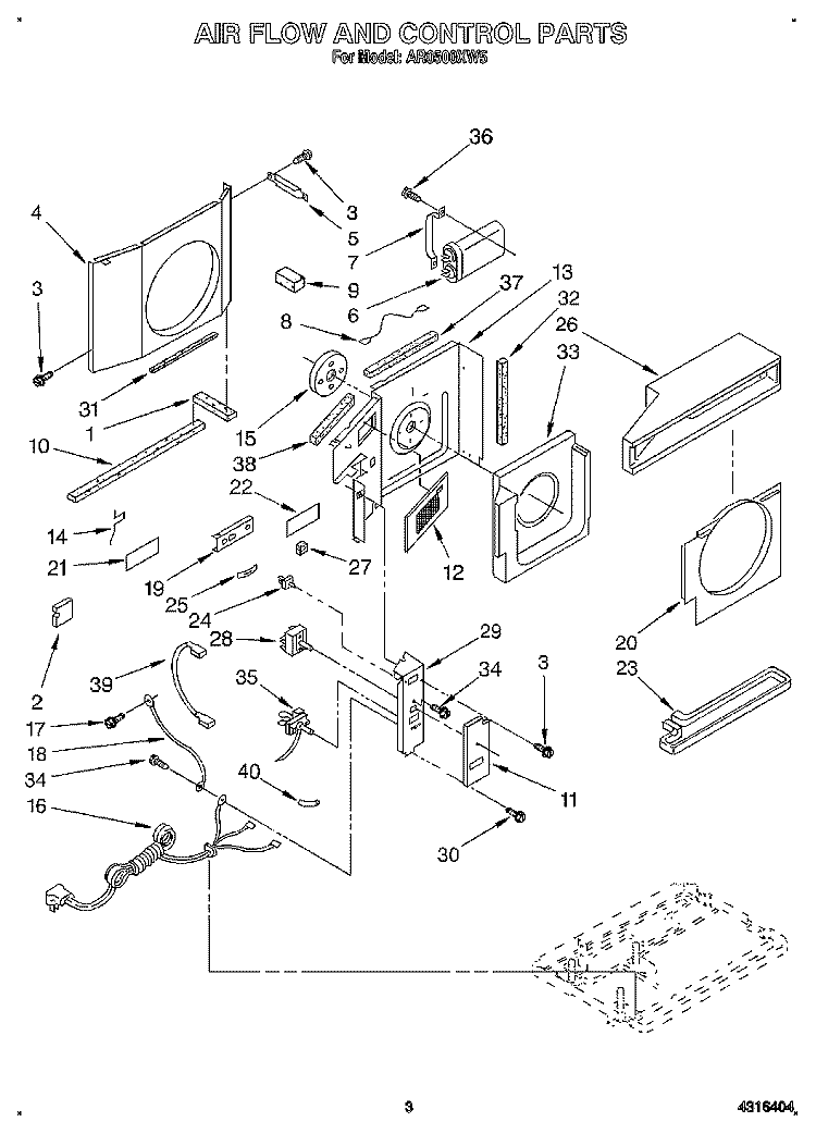 AIRFLOW AND CONTROL Diagram and Parts List for AR0500XW5  Whirlpool Air Conditioner