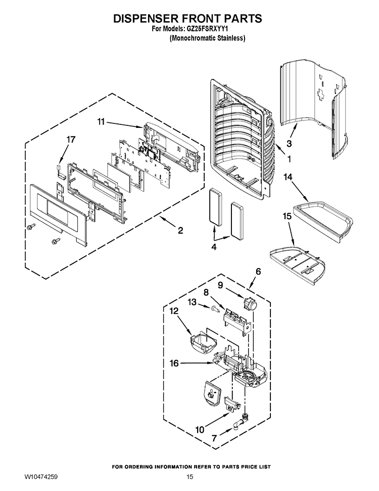 DISPENSER FRONT PARTS Diagram and Parts List for GZ25FSRXYY1  Whirlpool Refrigerator