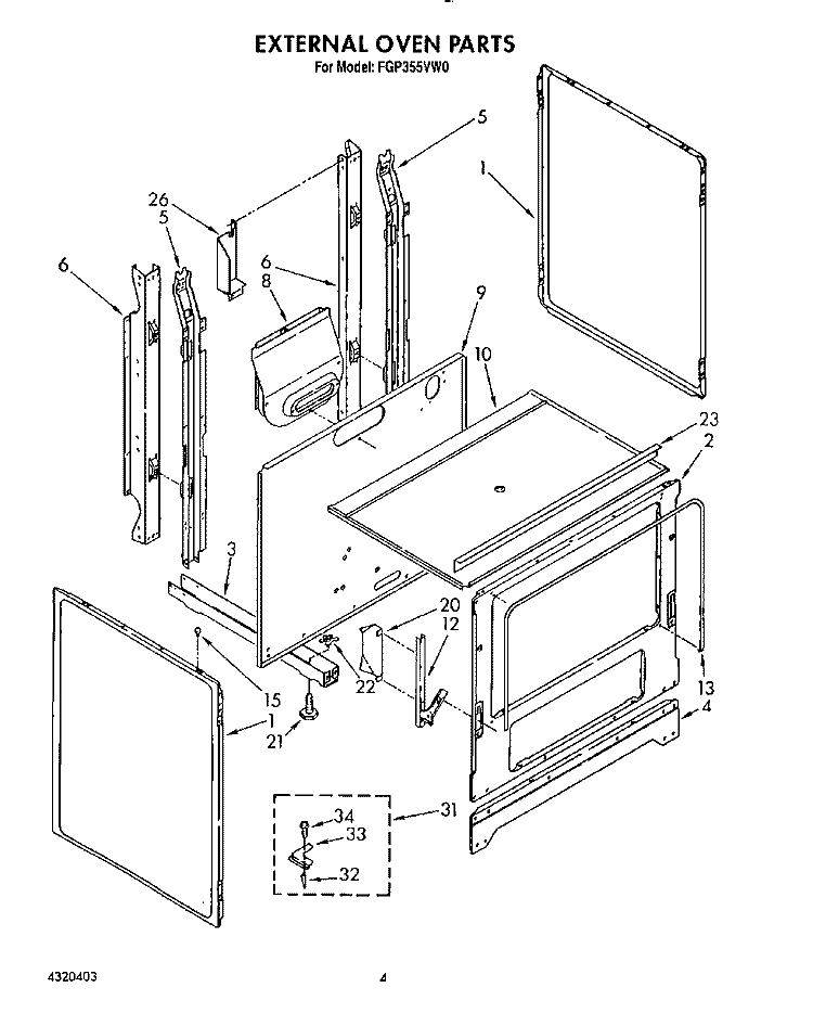 EXTERNAL OVEN Diagram and Parts List for FGP355VL0  Whirlpool Range