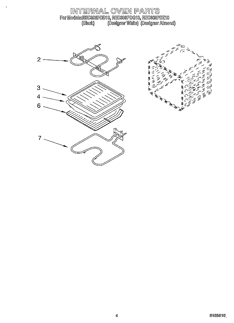 INTERNAL OVEN Diagram and Parts List for RBD306PDB10  Whirlpool Wall Oven