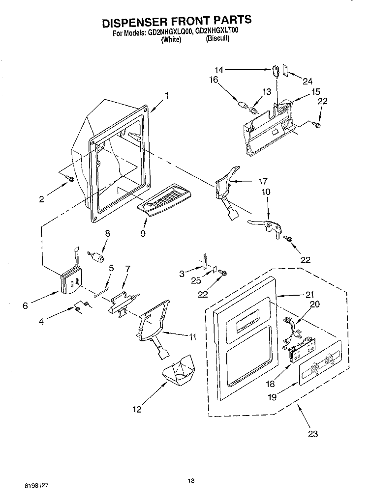 DISPENSER FRONT Diagram and Parts List for GD2NHGXLQ00  Whirlpool Refrigerator