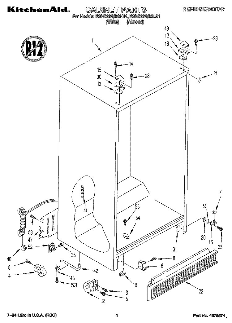 CABINET Diagram and Parts List for KSHS22QBWH01  KitchenAid Refrigerator