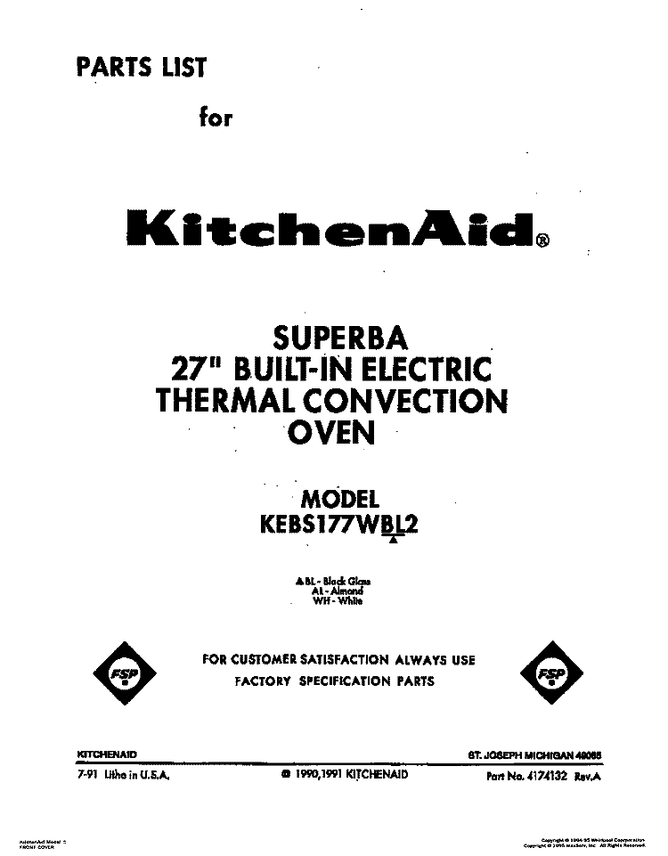 COVER Diagram and Parts List for KEBS177WAL2  KitchenAid Wall Oven