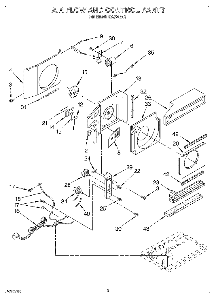AIRFLOW AND CONTROL Diagram and Parts List for CA5WM46  Crosley Air Conditioner