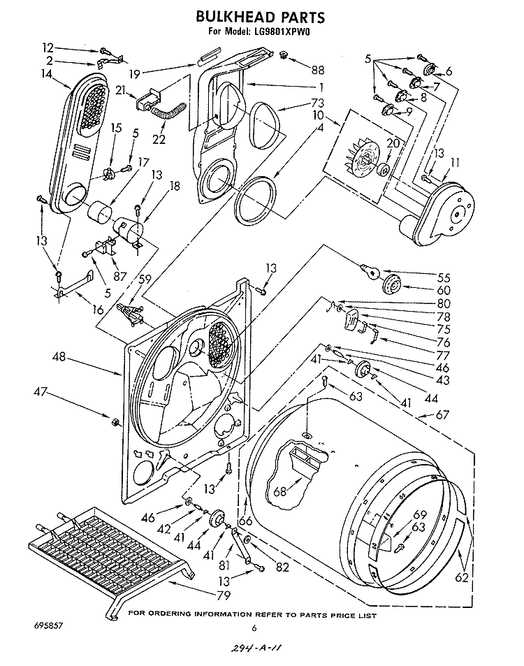 BULKHEAD Diagram and Parts List for LG9801XPW0  Whirlpool Dryer