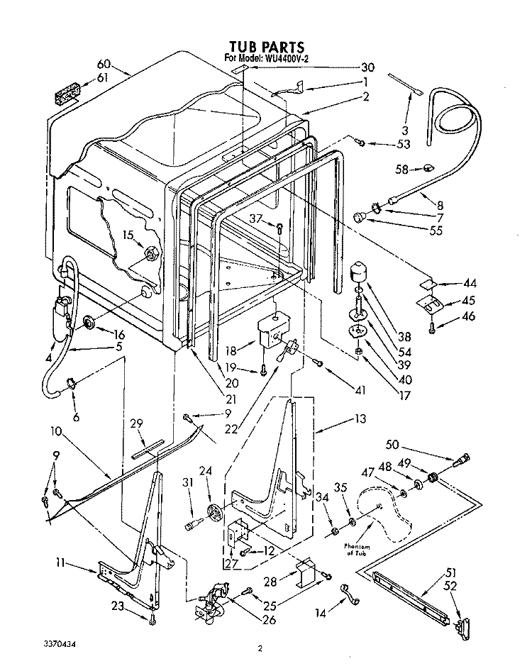 TUB, LIT/OPTIONAL Diagram and Parts List for WU4400V2  Roper Dishwasher
