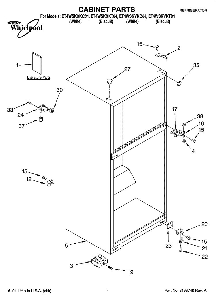 CABINET PARTS Diagram and Parts List for ET4WSKYKT04  Whirlpool Refrigerator