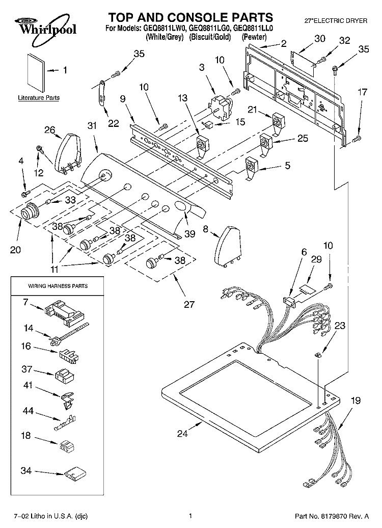 SECTION Diagram and Parts List for GEQ8811LG0  Whirlpool Dryer