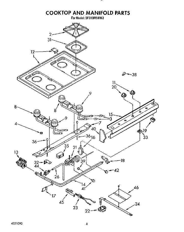 COOKTOP AND MANIFOLD, LIT/OPTIONAL Diagram and Parts List for SF310PEWW2  Whirlpool Range