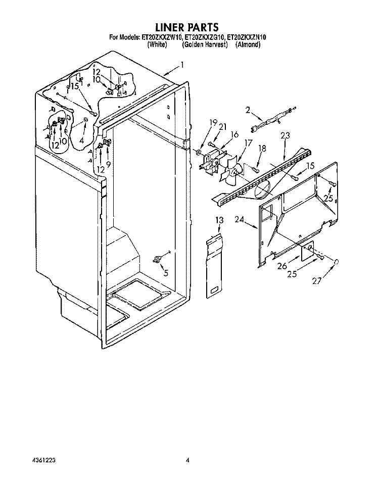 LINER Diagram and Parts List for ET20ZKXZW10  Whirlpool Refrigerator