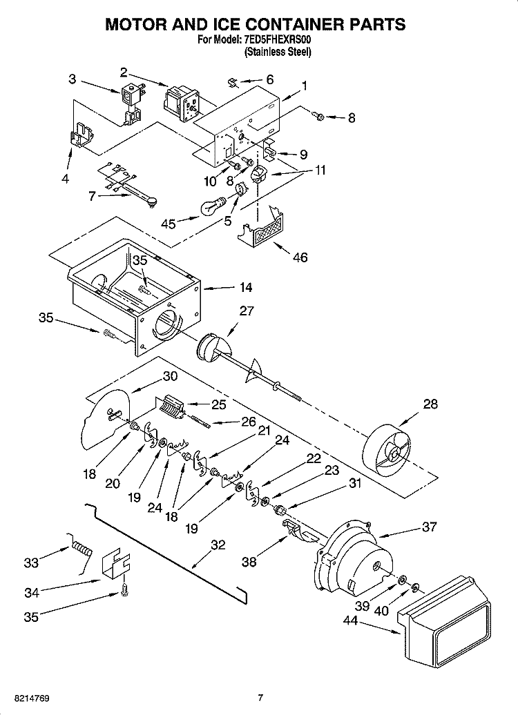 MOTOR AND ICE CONTAINER PARTS Diagram and Parts List for 7ED5FHEXRS00  Whirlpool Refrigerator