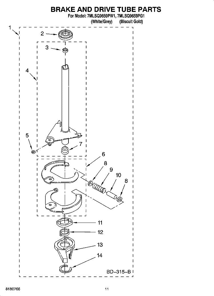 BRAKE AND DRIVE TUBE PARTS Diagram and Parts List for 7MLSQ9659PG1  Whirlpool Washer