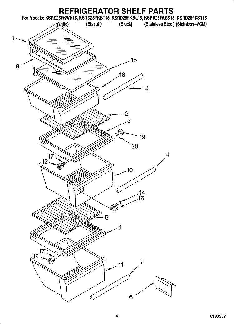 REFRIGERATOR SHELF PARTS Diagram and Parts List for KSRD25FKSS15  KitchenAid Refrigerator