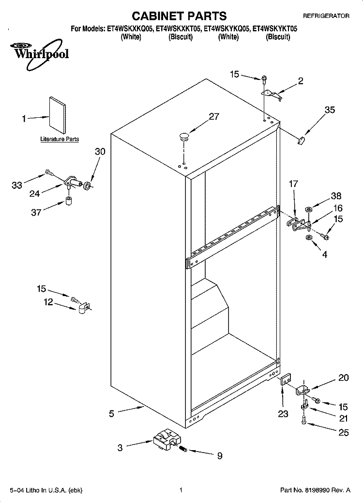 CABINET PARTS Diagram and Parts List for ET4WSKYKQ05  Whirlpool Refrigerator