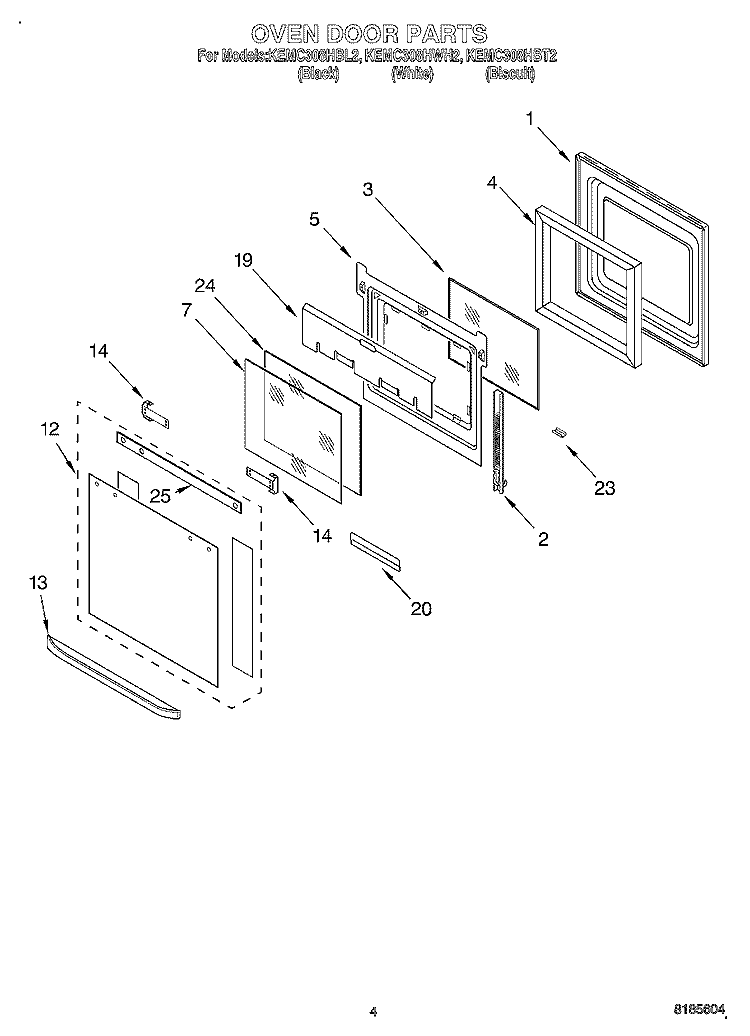 OVEN DOOR Diagram and Parts List for KEMC308HWH2  KitchenAid Microwave Oven Combo
