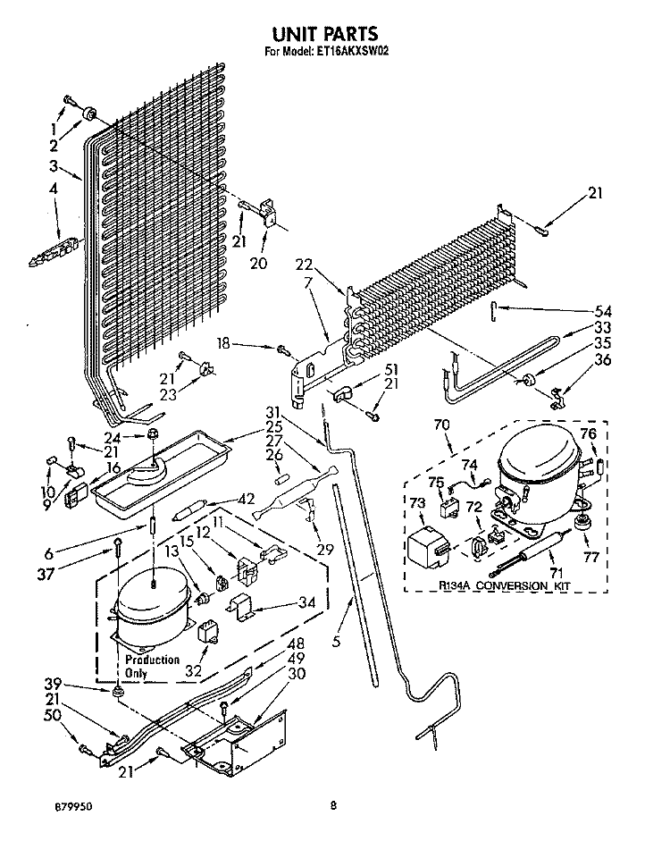 UNIT Diagram and Parts List for ET16AKXSW02  Whirlpool Refrigerator