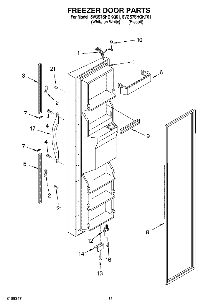 FREEZER DOOR PARTS Diagram and Parts List for 5VGS7SHGKT01  Whirlpool Refrigerator