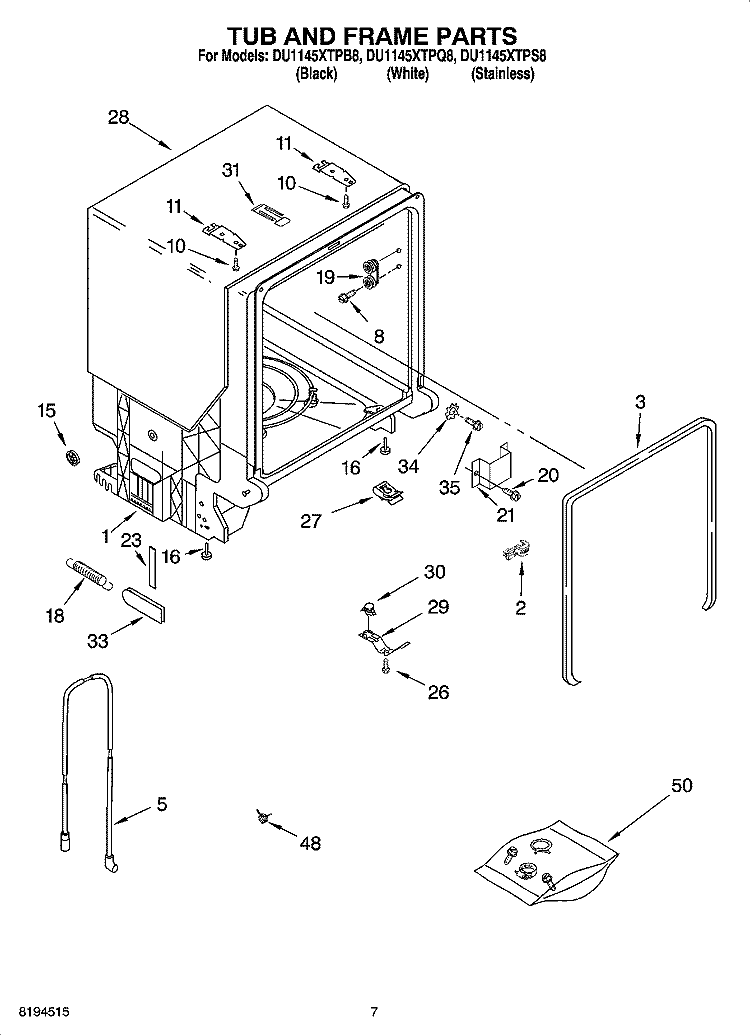 TUB AND FRAME PARTS Diagram and Parts List for DU1145XTPS8  Whirlpool Dishwasher