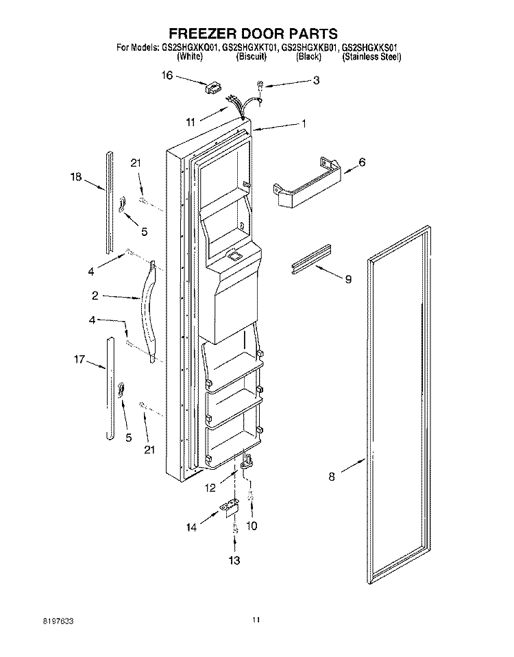 FREEZER DOOR Diagram and Parts List for GS2SHGXKT01  Whirlpool Refrigerator