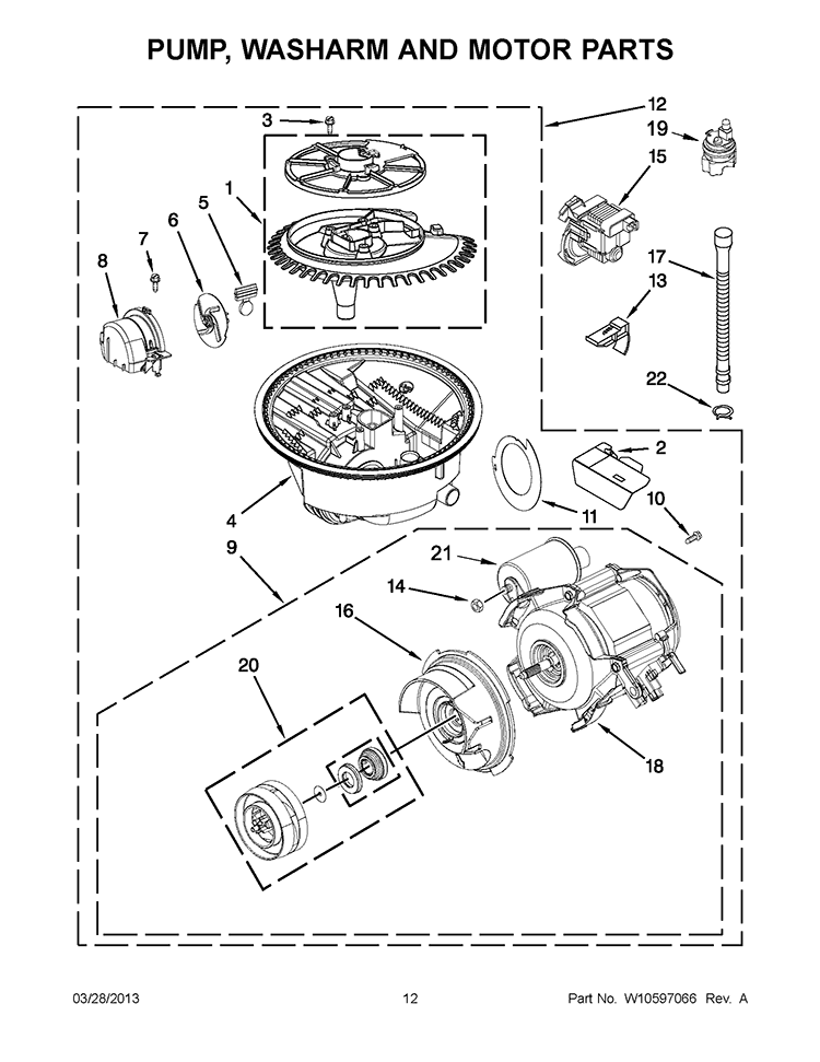 PUMP, WASHARM AND MOTOR PARTS Diagram and Parts List for KUDS30IXSS9  KitchenAid Dishwasher