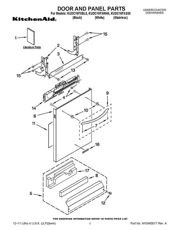 DOOR AND PANEL PARTS Diagram and Parts List for KUDC10FXBL5  KitchenAid Dishwasher