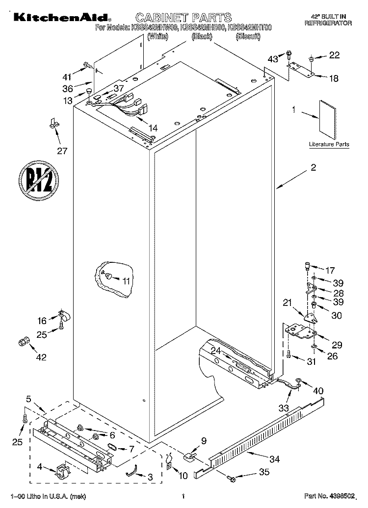 CABINET, LITERATURE Diagram and Parts List for KSSS42MHT00  KitchenAid Refrigerator