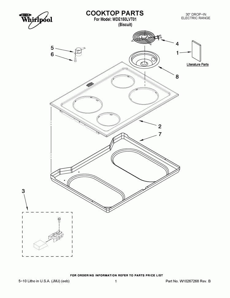 COOKTOP PARTS Diagram and Parts List for WDE150LVT01C  Whirlpool Range