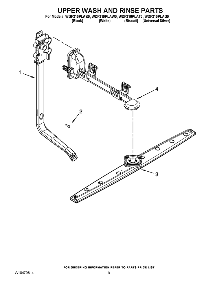 UPPER WASH AND RINSE PARTS Diagram and Parts List for WDF310PLAD0  Whirlpool Dishwasher