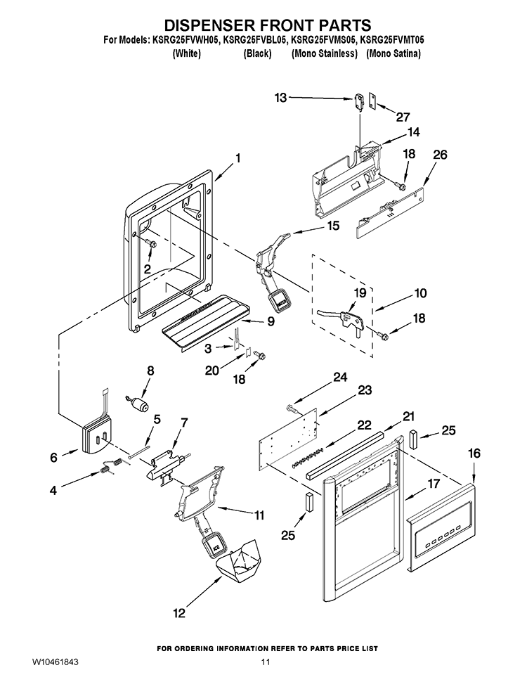 DISPENSER FRONT PARTS Diagram and Parts List for KSRG25FVMS05  KitchenAid Refrigerator
