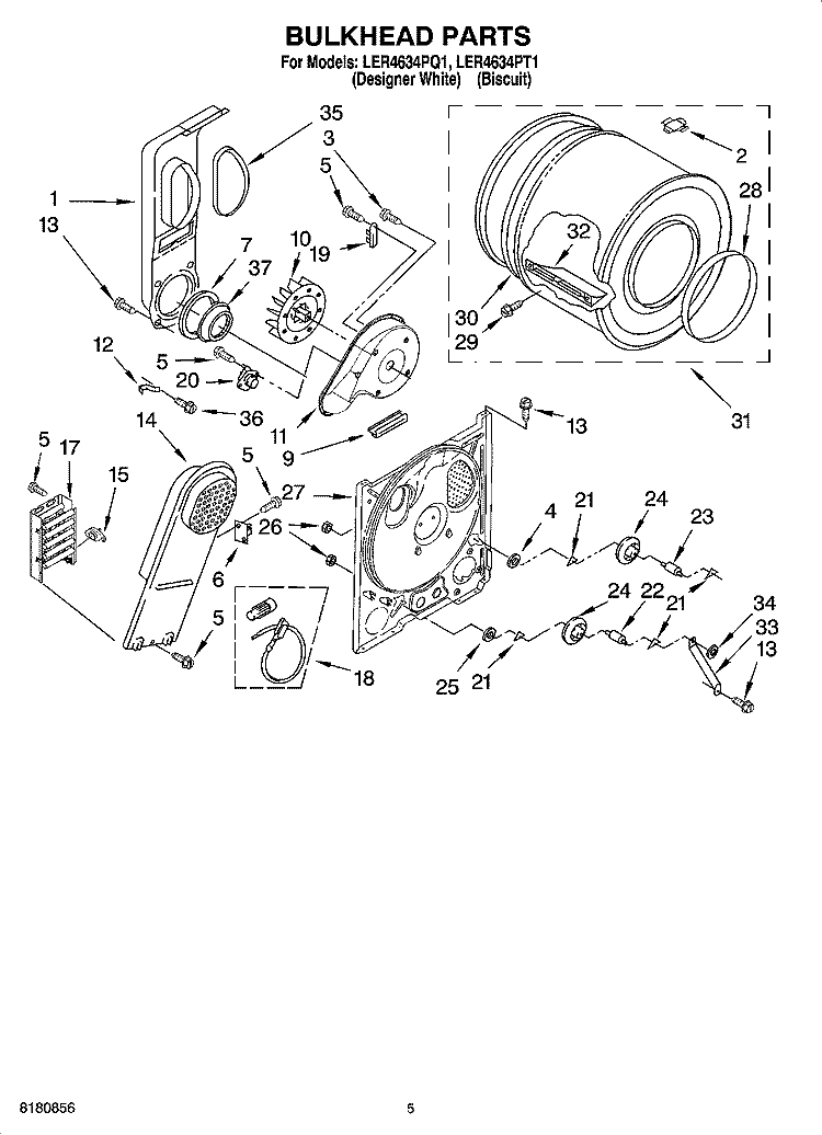 BULKHEAD PARTS, OPTIONAL PARTS (NOT INCLUDED) Diagram and Parts List for LER4634PT1  Whirlpool Dryer