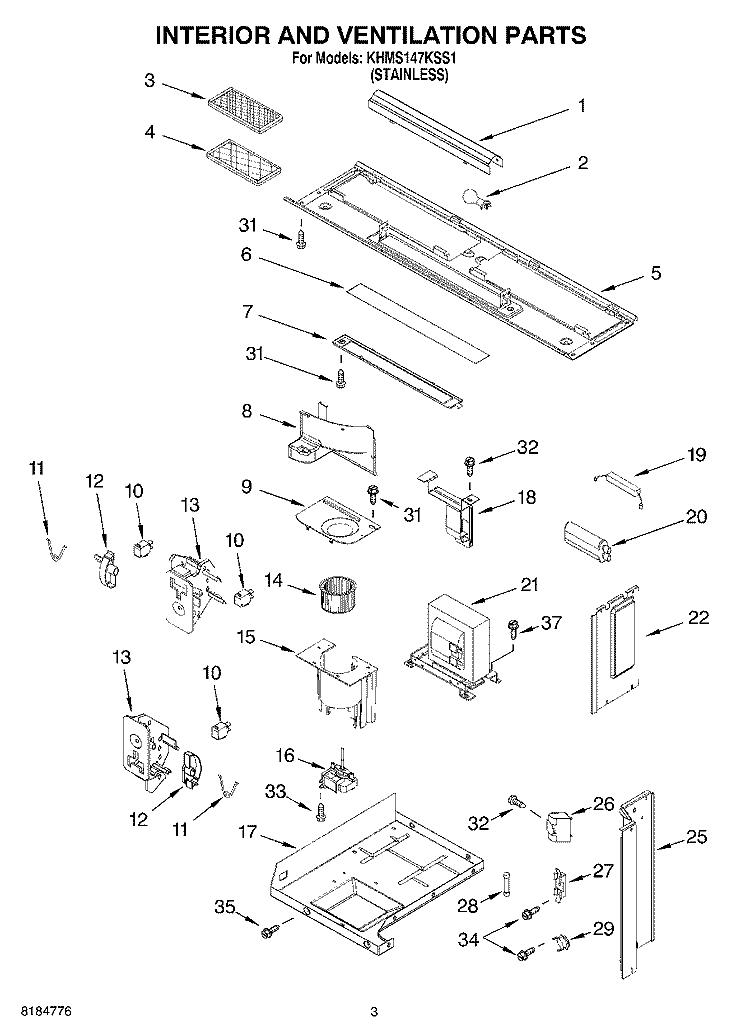 INTERIOR AND VENTILATION Diagram and Parts List for KHMS147KSS1  KitchenAid Microwave